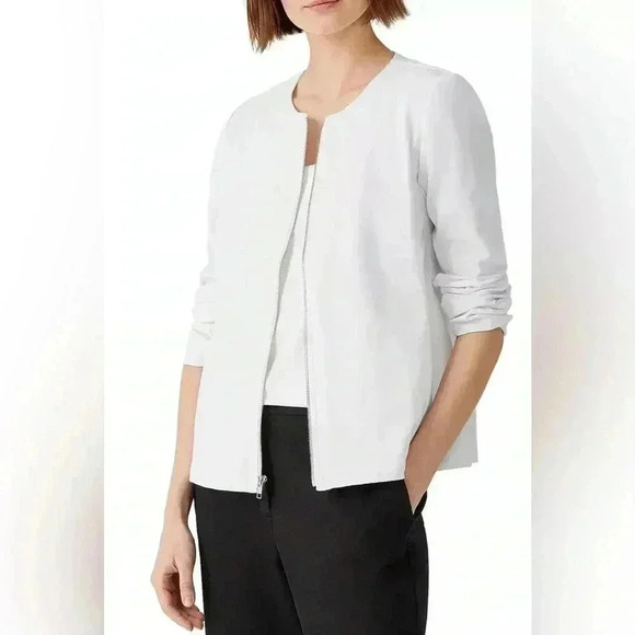 Eileen Fisher  white Organic Cotton Ponte Zip-Front Jacket  S preppy minimalist - Picture 1 of 6